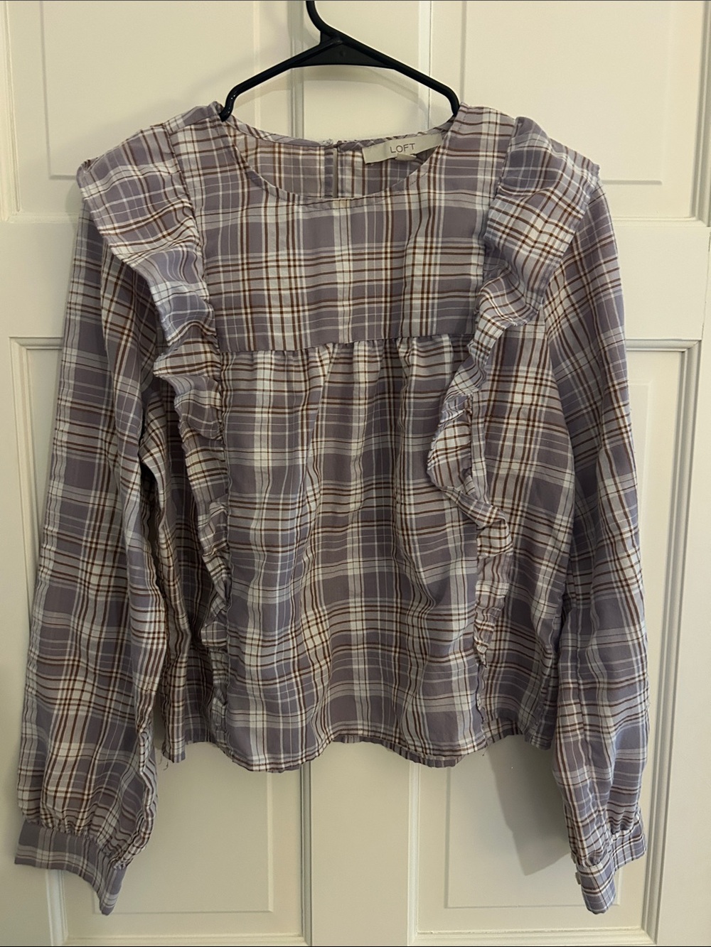 LOFT Lavender Plaid Ruffle-Trim Blouse